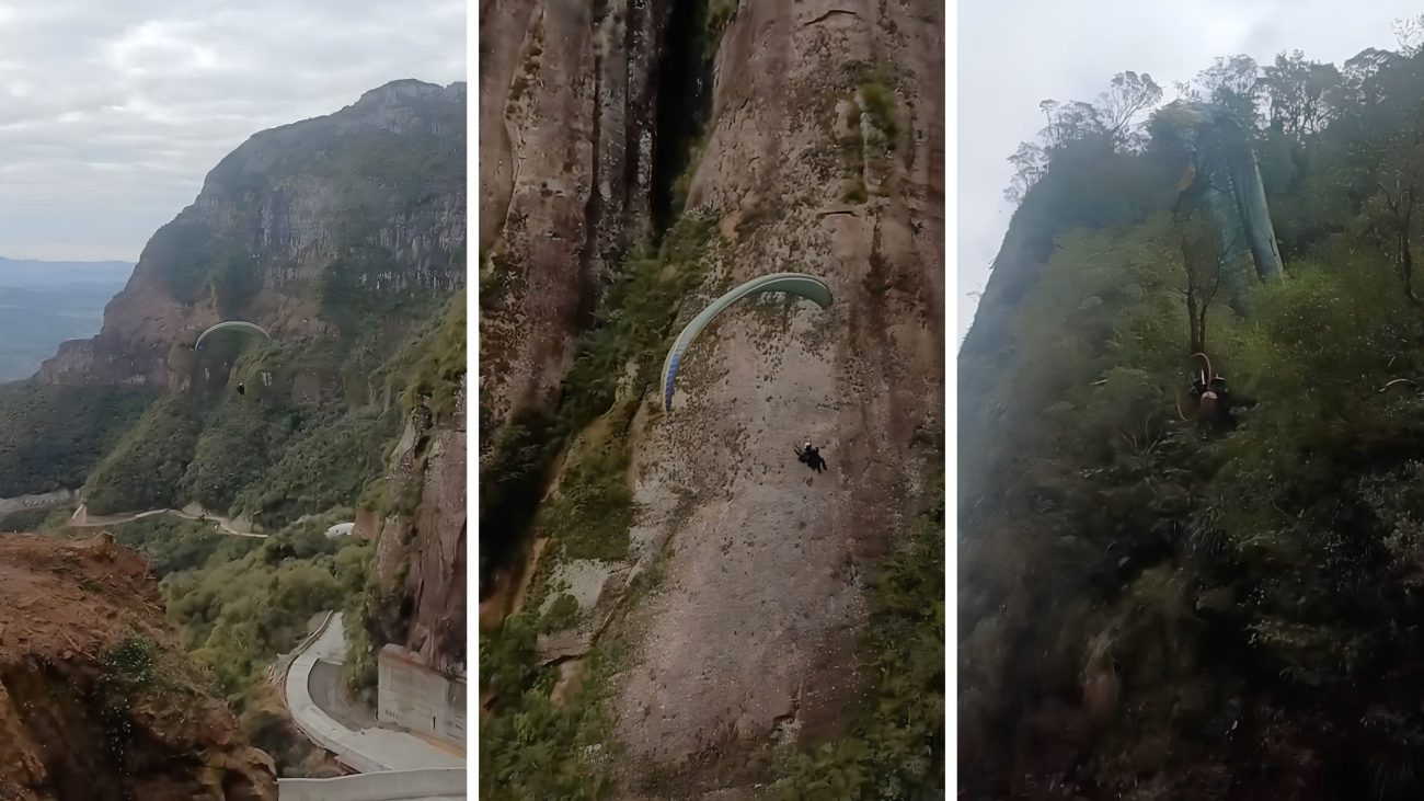 Voo sobre a Serra do Corvo Branco termina com piloto de paramotor resgatado após cair em árvore; Pouco antes do incidente, o homem registrava do alto as paisagens da serra catarinense com familiares