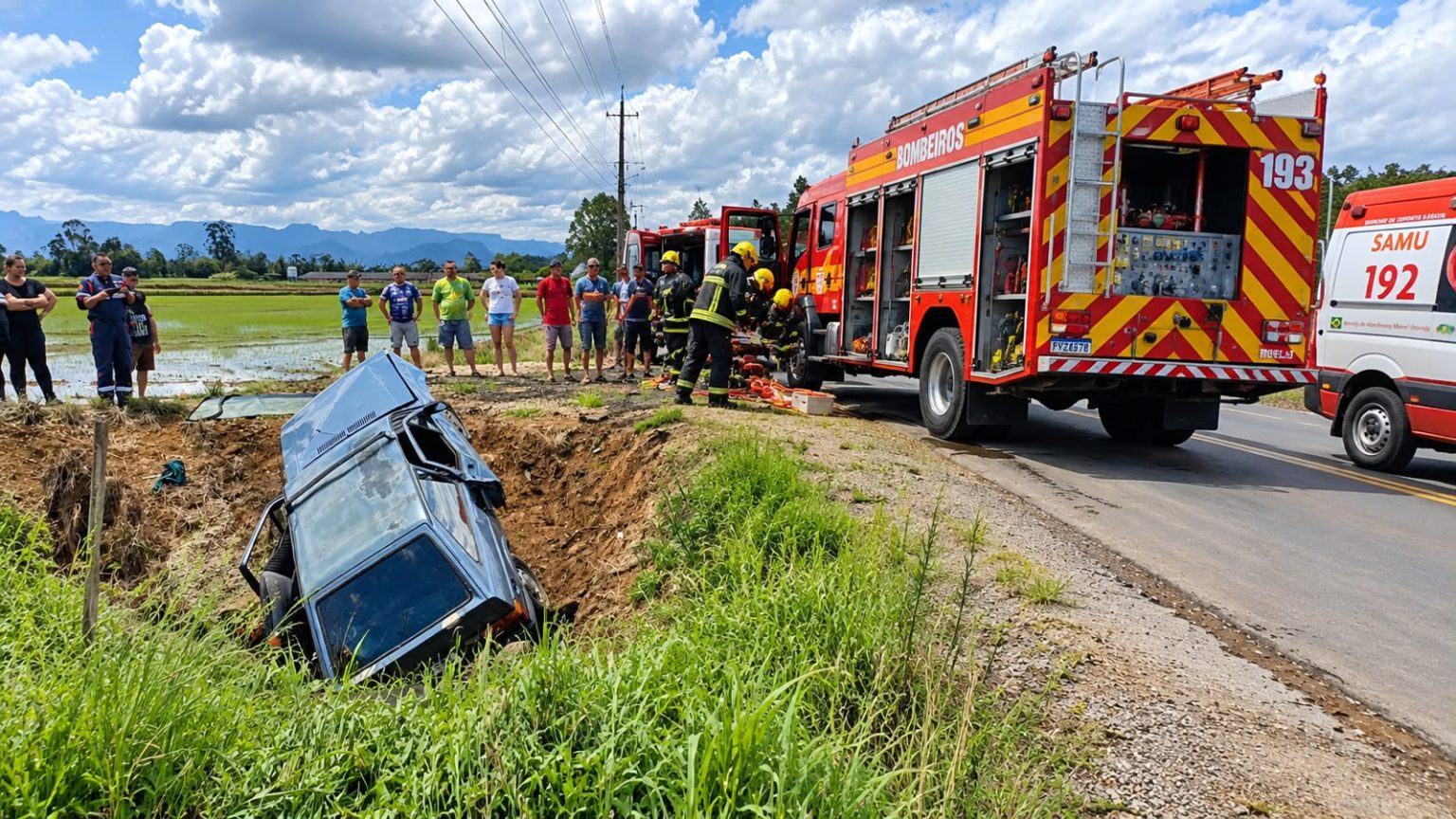 Carro sai da pista e cai em vala no Bairro Mãe Luzia, em Criciúma